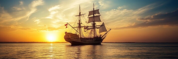 Fototapeta premium Golden Sunset Galleon Wallpaper - A majestic galleon sails majestically on tranquil waters, bathed in the warm glow of a vibrant sunset. Symbolizing adventure, exploration, discovery, freedom