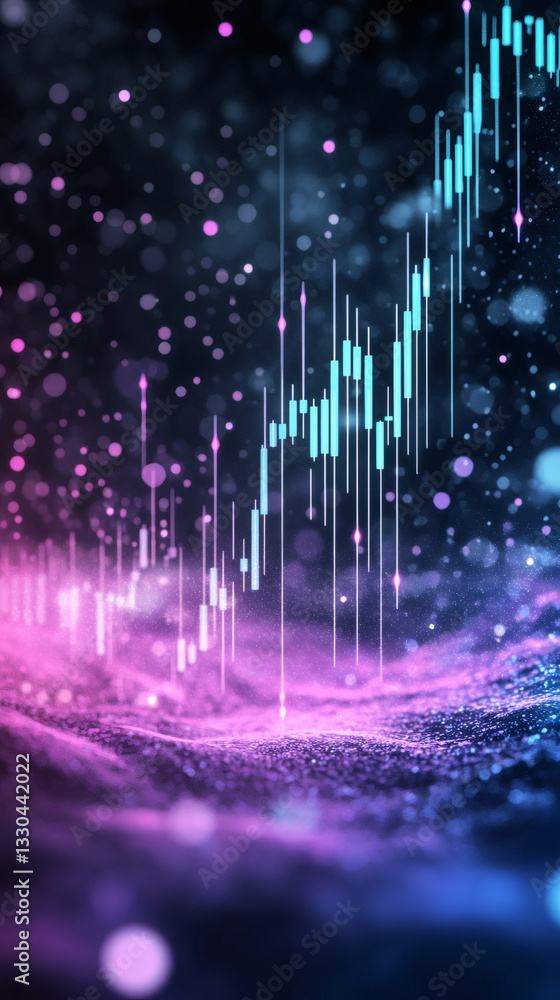 Aufkleber growing candlestick chart with glowing particles on a colorful abstract background representing fina