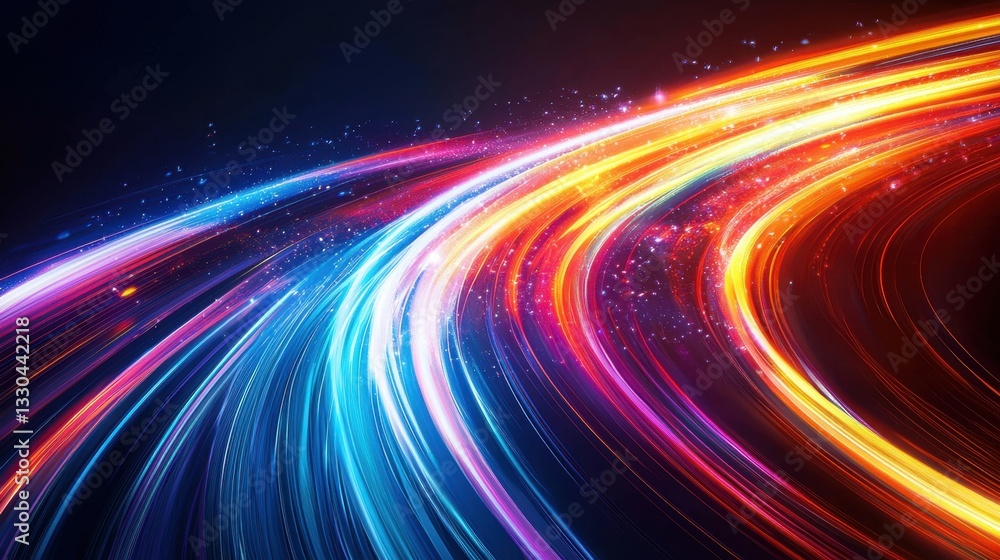 Poster colorful light trails swirl through a dark background, creating a dynamic and vibrant abstract desig