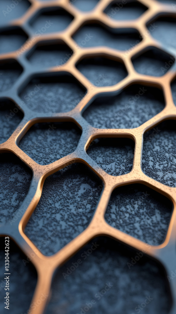 Poster golden honeycomb grid structure laying on a dark textured surface, creating a futuristic and technol