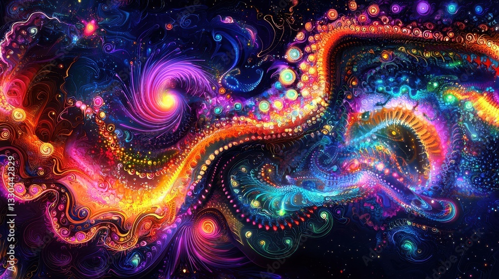 Poster vibrant swirls of colors and patterns flow through a dark cosmic background, creating an energetic a