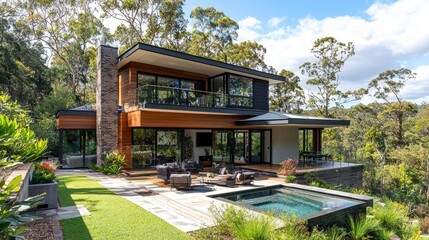 Fototapeta premium Modern Architecture Home Surrounded by Lush Greenery and Trees