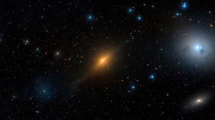 A vast expanse of space reveals a galaxy cluster with a bright, warm-colored center surrounded by numerous stars. The dark backdrop highlights the beauty of the cosmos