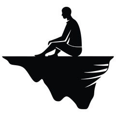 Lonely man is sitting on the cliff silhouette vector