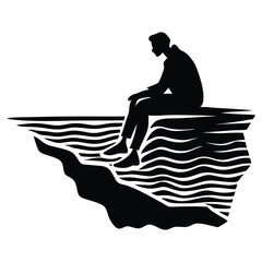 Lonely man is sitting on the cliff silhouette vector