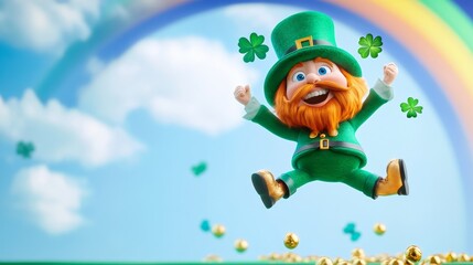 Fototapeta premium Jolly Leprechaun's Lucky Leap - A cheerful leprechaun joyfully leaps against a bright, rainbow-filled sky, surrounded by gold coins and shamrocks. Perfect for St. Patrick's Day celebrations