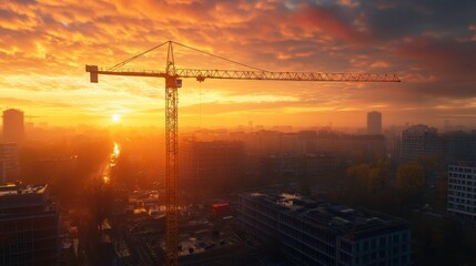 Sunrise Over Urban Landscape with Machinery in Action