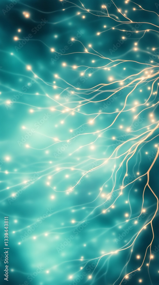 Poster glowing neural network lines interconnecting across vibrant turquoise digital landscape