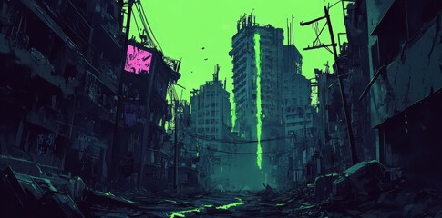 A post apocalyptic city street scene with glowing green light