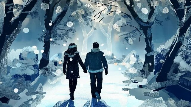 Paar spaziert romantisch durch den verschneiten Park