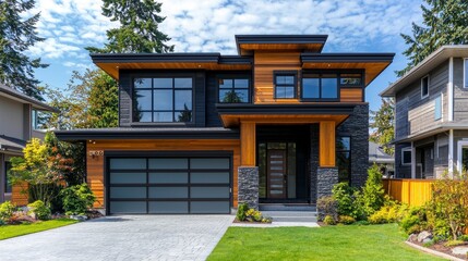 Modern House Design with Large Windows and Stone Accent in Daylight