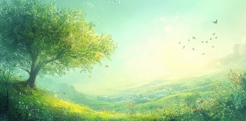 Fototapeta premium A beautiful sunny day landscape with a large majestic tree