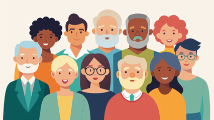 A diverse group of seniors from all walks of life united by their passion for storytelling and preserving their legacy for future generations.. Vector illustration