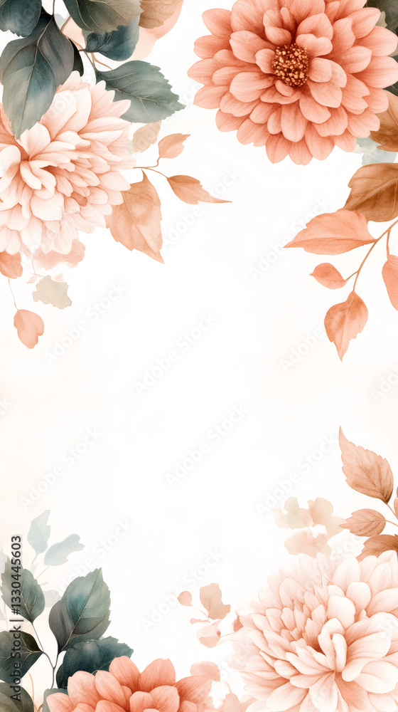 Poster delicate watercolor flower frame creating soft border with empty central area, ideal for wedding sta