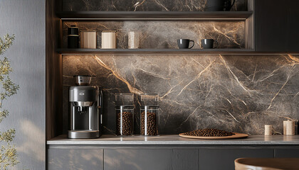 a coffee corner cabinet made of real natural gray marble with a well-designed set of coffee machine, coffee beans and cups
