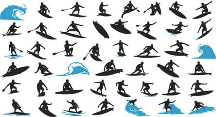 Naklejka premium Surfing Silhouette, vector set of surfer silhouette, surf vector pack 