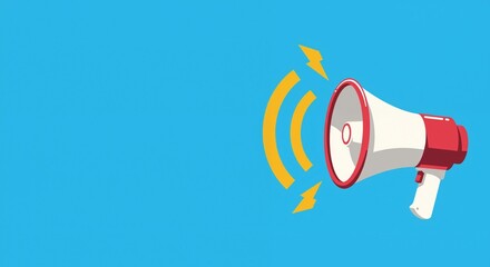 Megaphone emitting sound waves against a vibrant blue background conveying excitement and urgency, symbolizing communication and marketing outreach