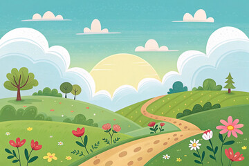 Obraz premium Gentle hills, wildflowers, and a winding path in a bright spring landscape
