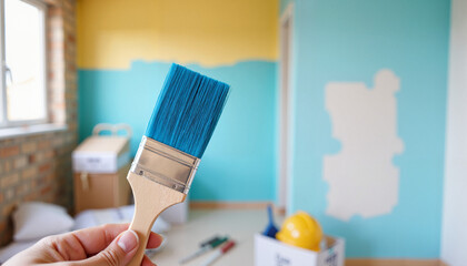 Hand holding a blue paintbrush in renovation space, creative endeavor