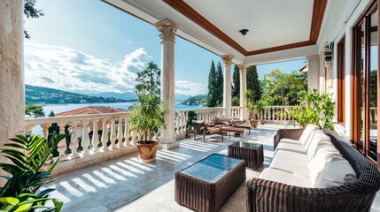 Obraz premium Beautiful Balcony with Scenic View of Water and Lush Greenery