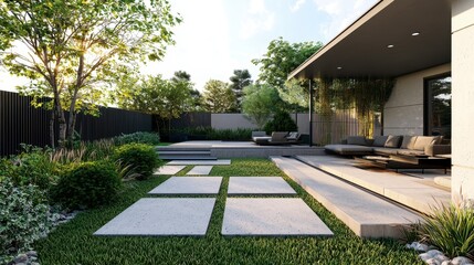 Obraz premium Modern Tranquil Outdoor Space with Sleek Design and Greenery
