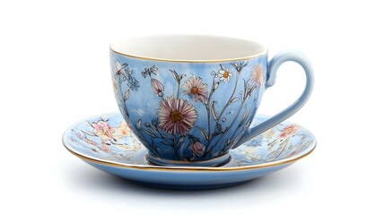 Fototapeta premium Ceramic blue cup on saucer with floral ornament