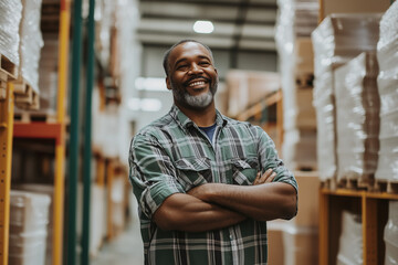 Un empaquetador de 40 años sonríe en un almacén 