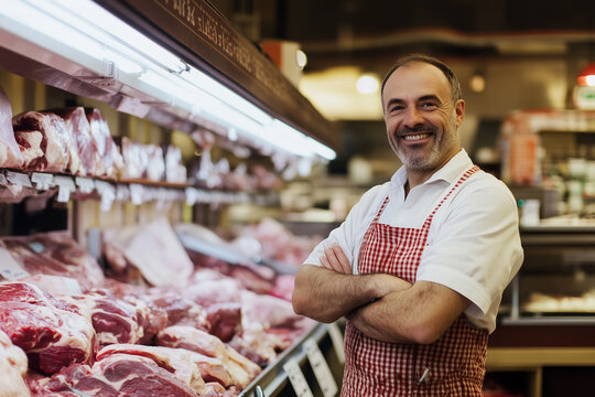 Carnicero de 40 a&ntilde;os sonriendo en una carnicer&iacute;a 