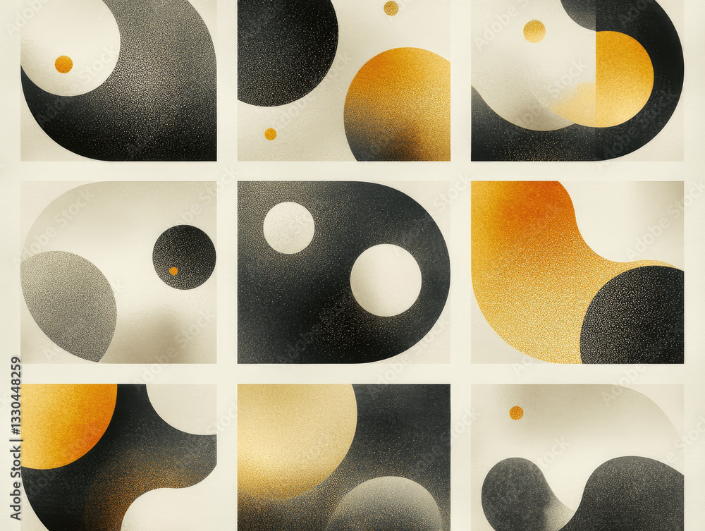 Poster abstract geometric art with gold and black shapes, featuring circles and curves in grid layout. desi