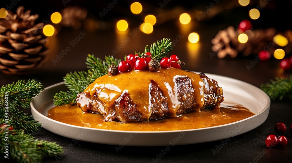 Poster sauerbraten covered with sauce is presented on a plate decorated with cranberries and evergreen spri