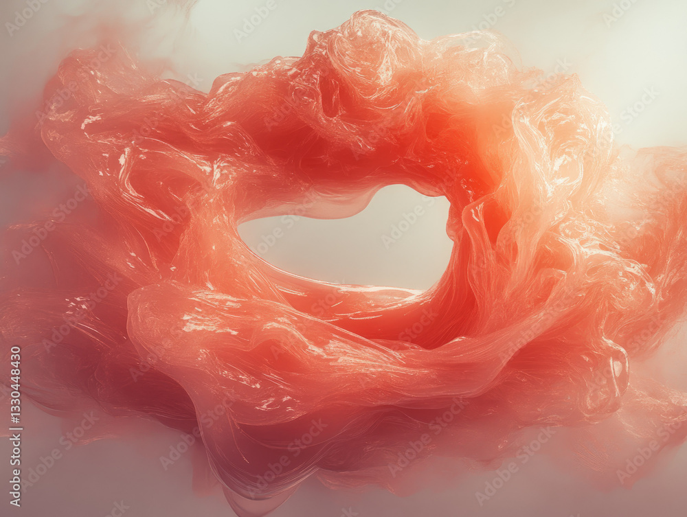 Poster swirling, translucent red abstract shape creates sense of dynamic motion and fluidity against soft b