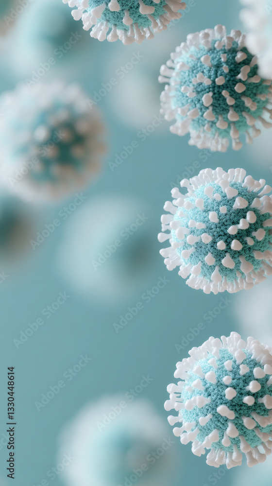 Poster microscopic viral cells hovering in blue digital space, representing pathogen transmission and poten