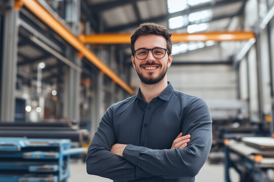 europeo, sonriente joven de 30 a&ntilde;os de edad ingeniero de control de calidad hombre de pie en una industria 