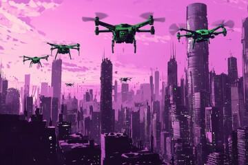 Green Drones Fly Over A Futuristic Purple City Skyline