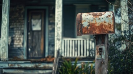 Rusted mailbox in front of an abandoned house