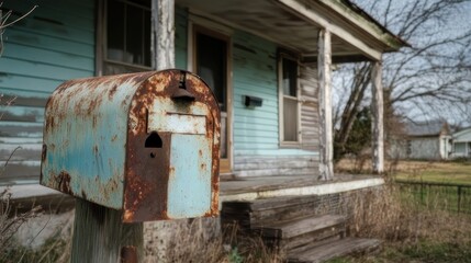 Naklejka premium Rusted mailbox on porch of weathered house