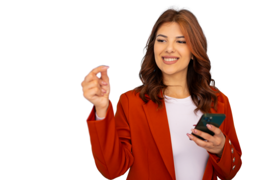 Businesswoman holding smartphone and snapping fingers on transparent background