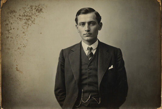 faded vintage photograph of a serious man partially veiled in shadows