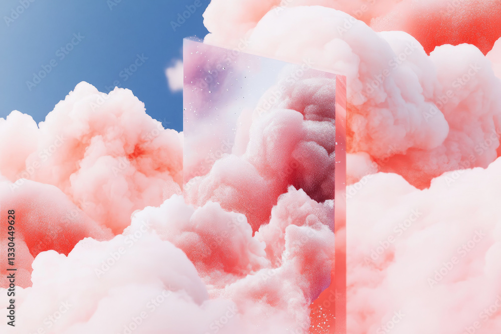 Poster surreal scene of fluffy pink clouds with reflective mirror creating dreamlike atmosphere. sky is cle