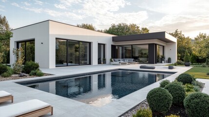 Fototapeta premium Modern Minimalist House with Pool Surrounded by Lush Greenery