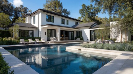 Modern Luxury Home with Pool Surrounded by Lush Landscaping