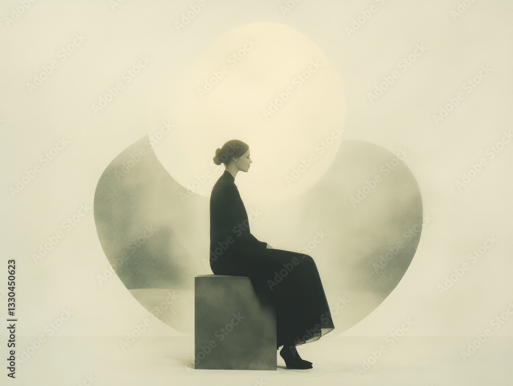 Poster woman sits in solitude on cube in minimalist setting with abstract shapes
