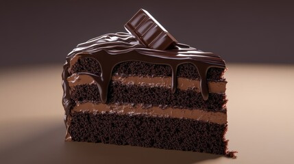Decadent Chocolate Cake Slice with Rich Frosting and Chocolate Bar Garnish