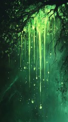 Obraz premium Glowing green liquid drips from a tree in a mysterious environment