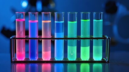 A set of test tubes filled with glowing neon liquids in a laboratory setting. The vibrant fluorescent colors contrast with the dark blue background, creating a futuristic and scientific atmosphere.