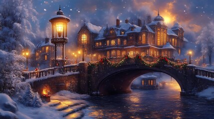 A Snow Covered Bridge and Festive Mansion on a Winter Night