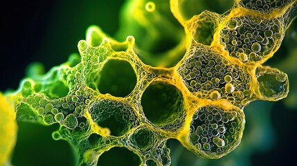 Vibrant microscopic view of plant cells revealing green structures and yellow organelles in rich detail