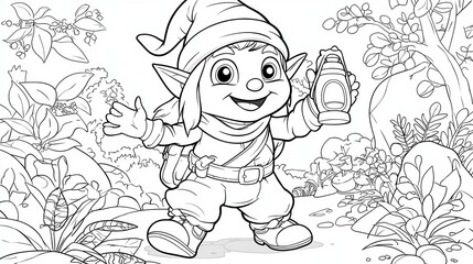 Cheerful Gnome in Enchanted Forest Coloring Page with Lantern
