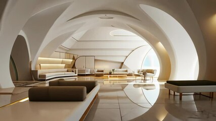 A futuristic interior features smooth, curved architecture with arched structures and a polished marble floor. Soft lighting enhances the elegant, modern design, creating a sleek, luxury atmosphere.