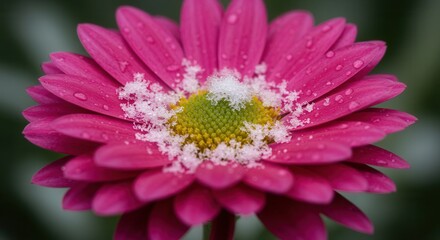 Obraz premium Pink Gerbera Daisy with Snow and Water Droplets Close Up View